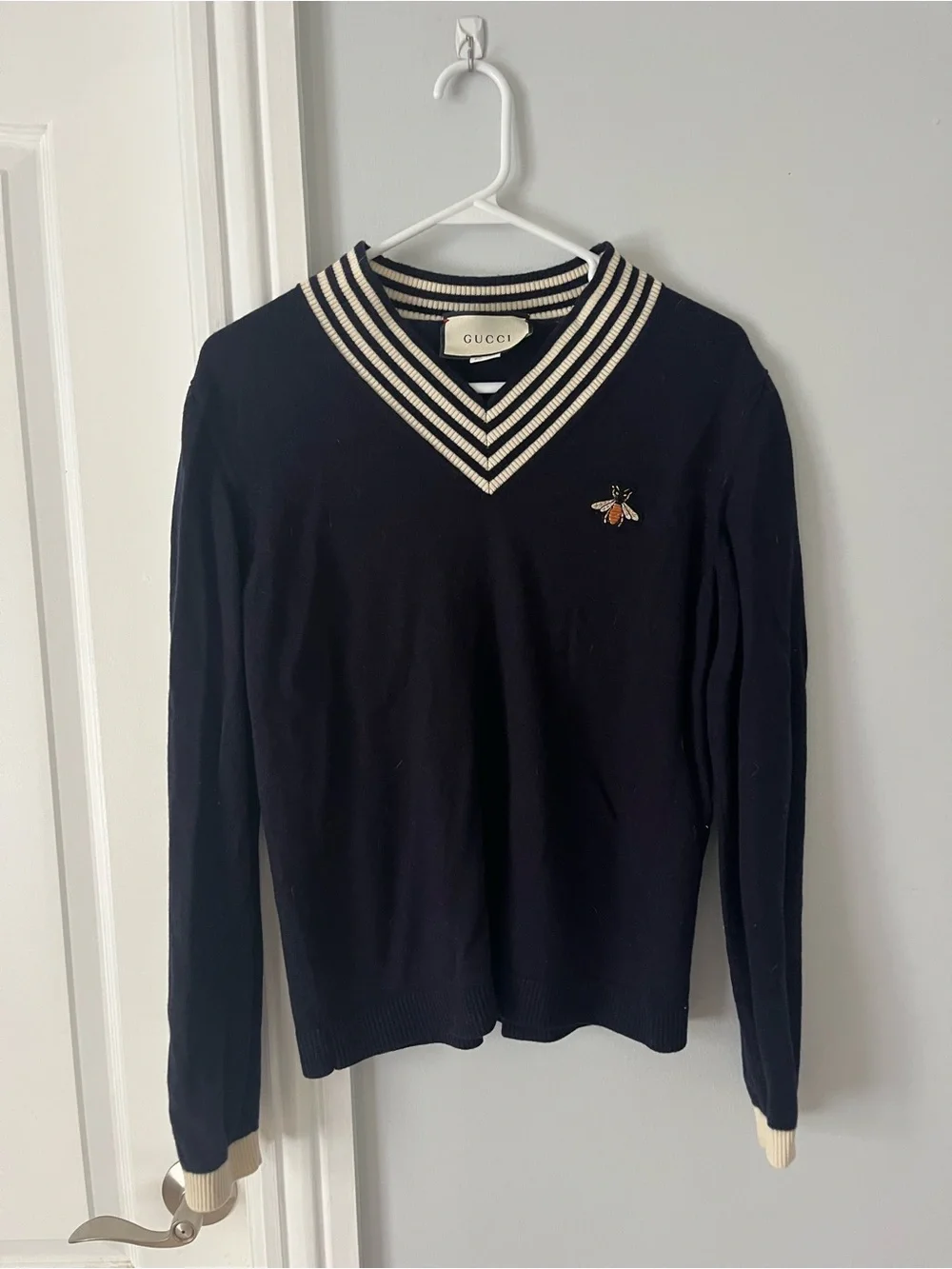 Gucci Blue V-Neck Bee Embroidered Sweater